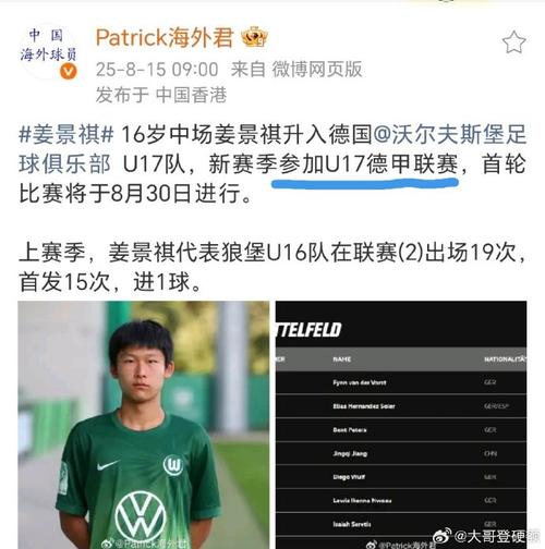 官方:16岁中国小将姜景祺正式升入沃尔夫斯堡U17-A队